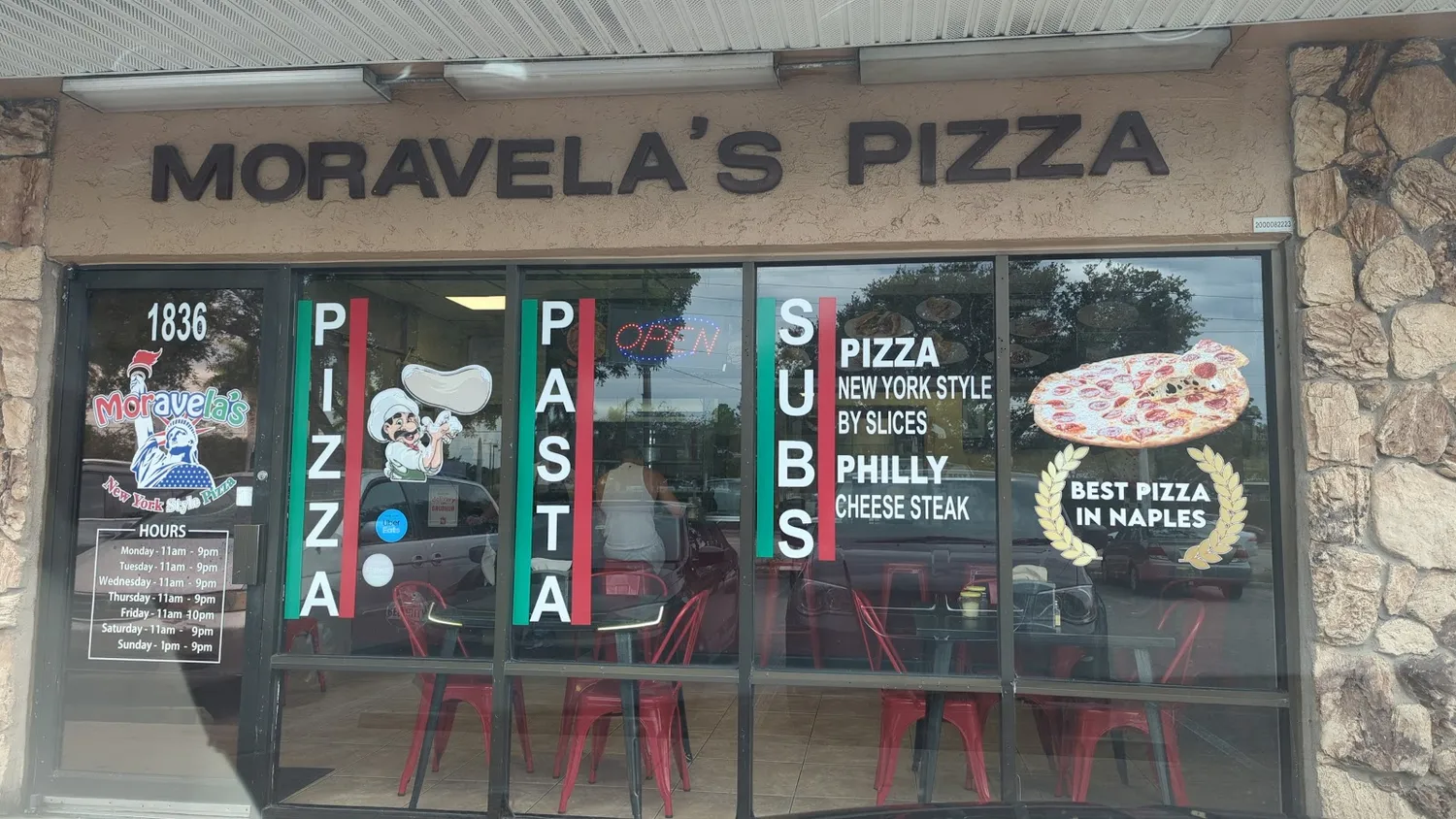 Moravela’s Pizza storefront in East Naples